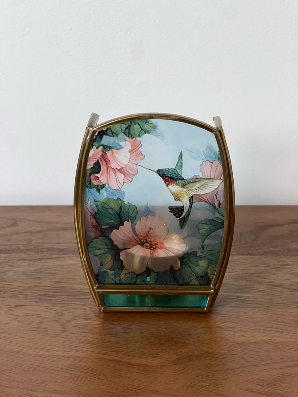 Vintage Enesco Hummingbird And Pink Rose Glass & Brass Votive Tealight Holder